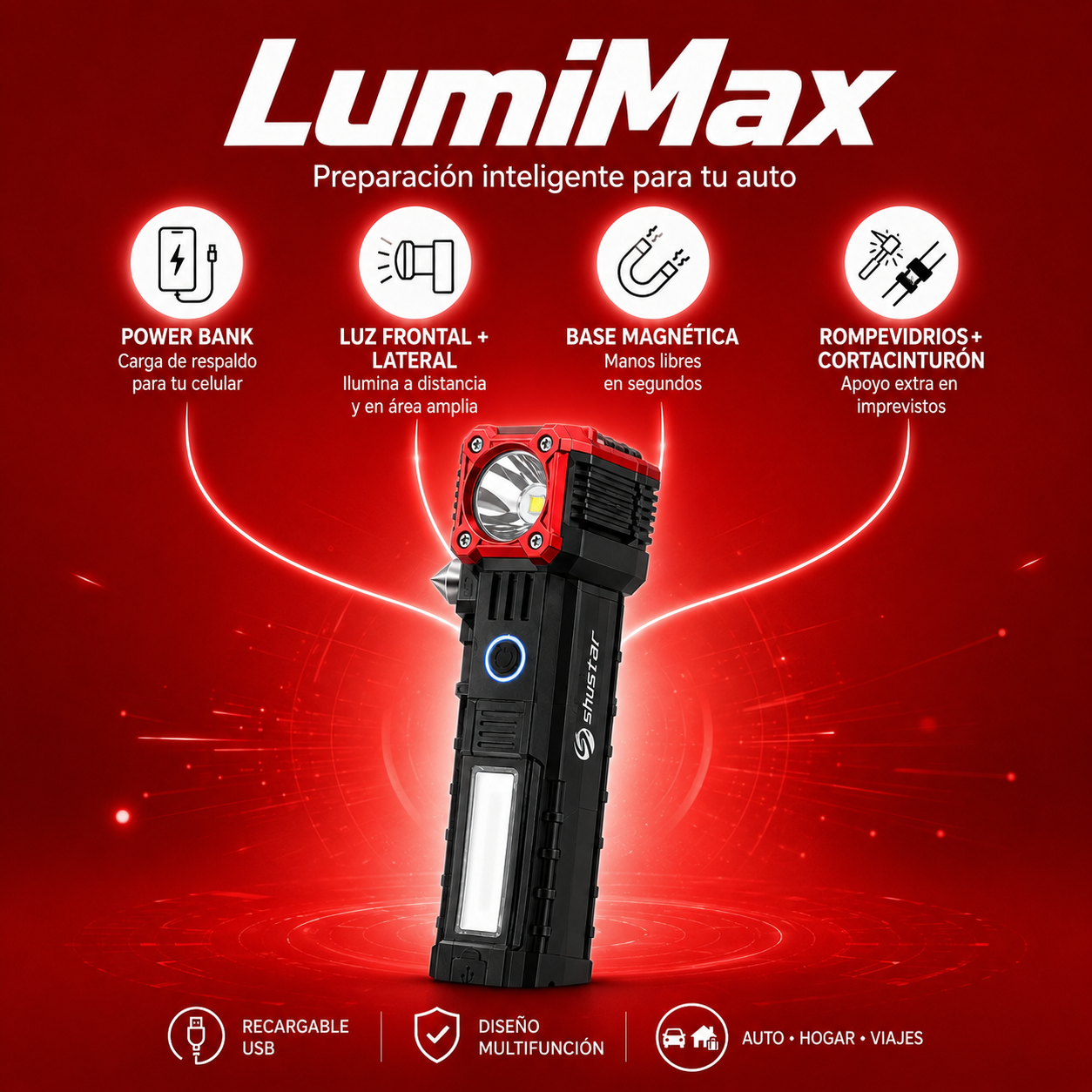 LumiMax™ – Linterna Compacta con Iluminación y Soporte Magnético